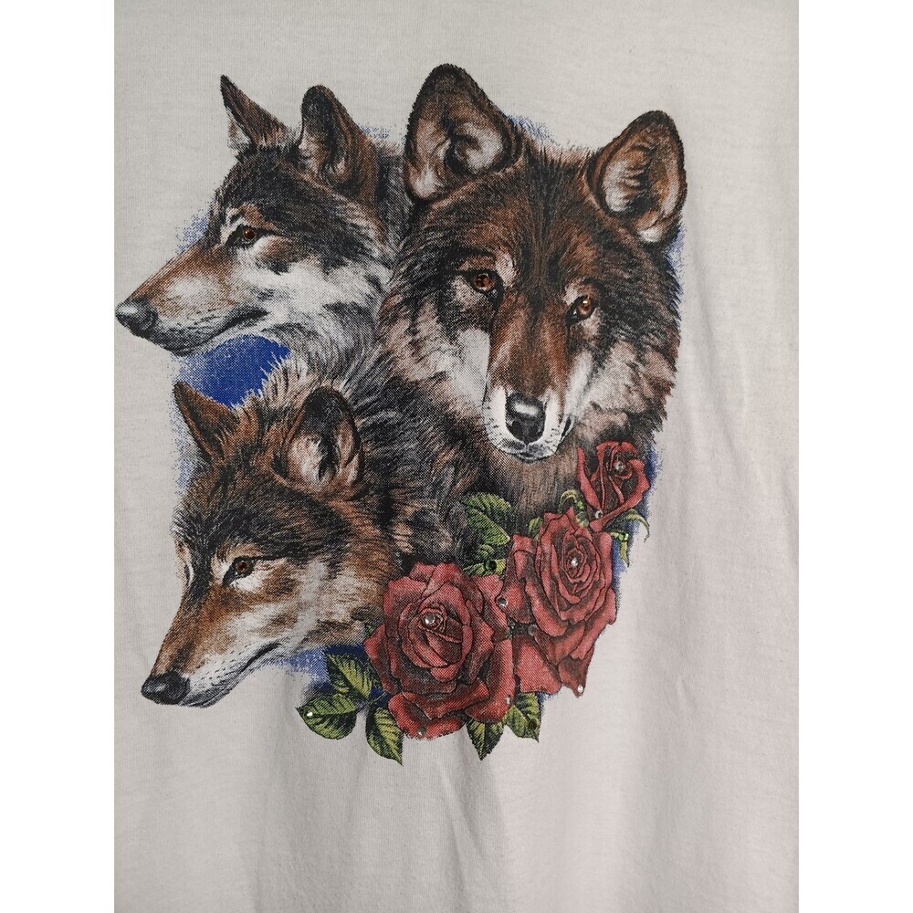 Wolf Trio Bling Eyes Roses White Graphic Shirt Women’s Large Streetwear Y2K Tee - Picture 2 of 5